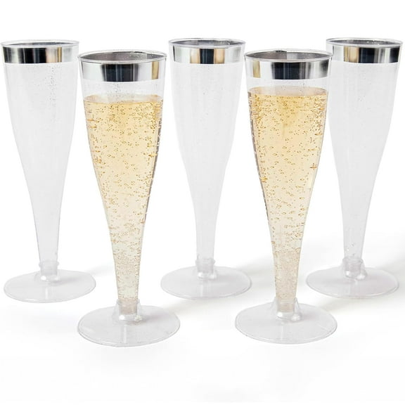 Prestee Set of 24 Silver Glitter Plastic Champagne Flutes - 6 oz Capacity - Shatterproof Durable Disposable Glasses - Elegant Design - Ideal for Weddings, Cocktail Parties, and Outdoor Celebrations