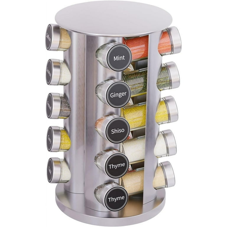 Revolving Spice Rack Set with 20 Spice Jars Kitchen Spice Tower Organizer for Countertop or Cabinet Carousel Storage Includes 386 Spice Labels Silver Walmart