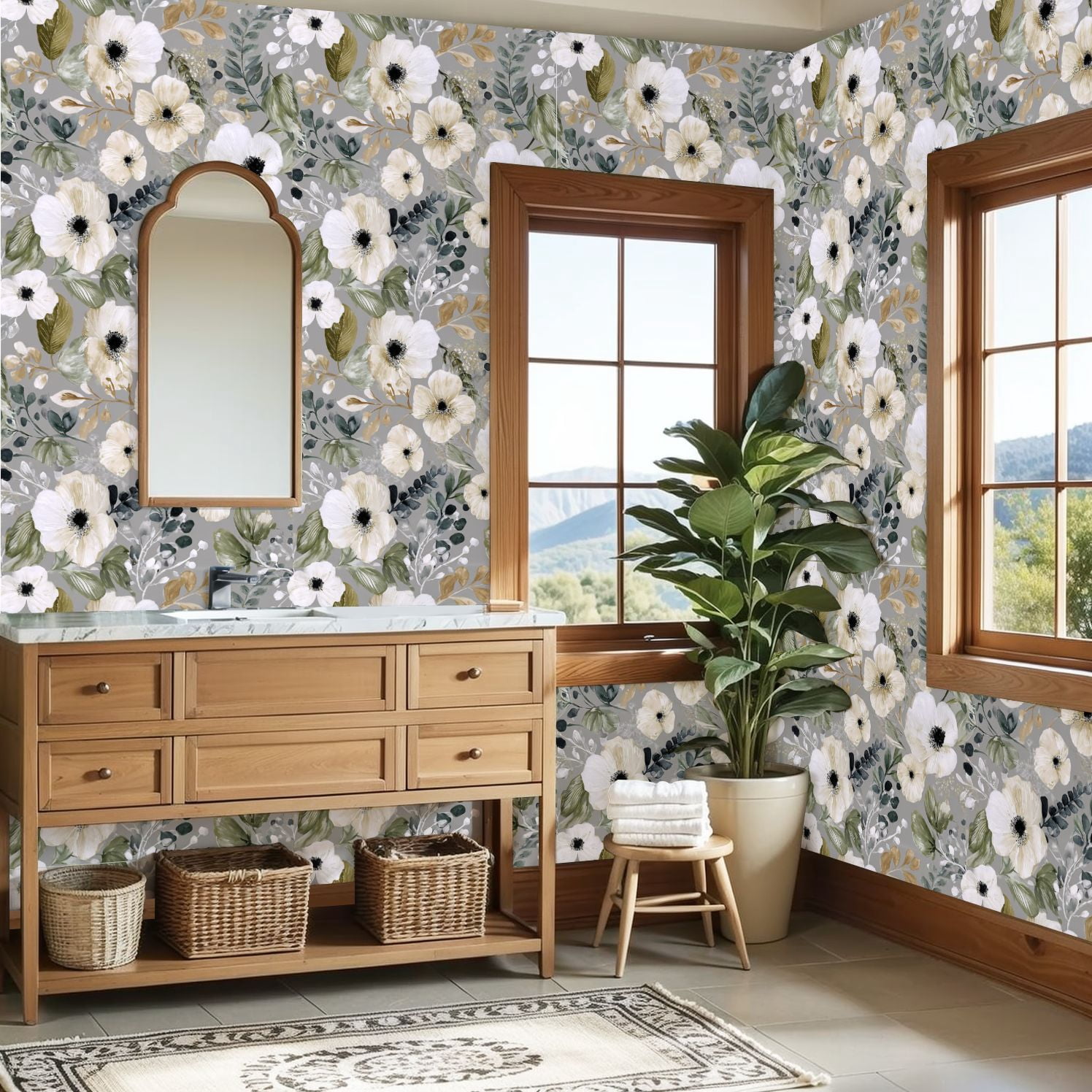 Peel and Stick Wallpaper 23.6in x 9.8ft Floral White Anemones Greenery Soft Gold Accents Grey Contact Paper Vinyl Self-Adhesive Removable Wall Paper for Bedroom Kitchen Cabinet Renter Friendly