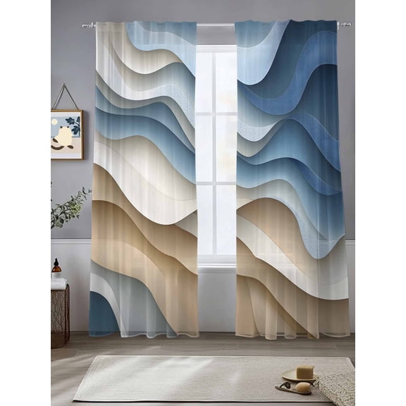 Abstract Water Ripple Sheer Curtains 108 Inches Long 2 Panels Modern Blue Beige Gradient Light Filtering Semi Sheer Window Curtains Drapes for Bedroom Living Room 52"x108"
