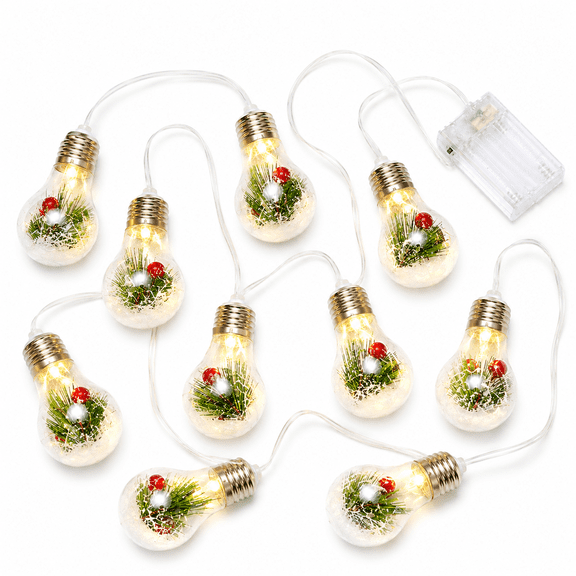 13.78FT Battery-Operated Christmas Snow Globe String Lights with 10 LED Bulbs, Pine Needles, Snowflakes & Berries