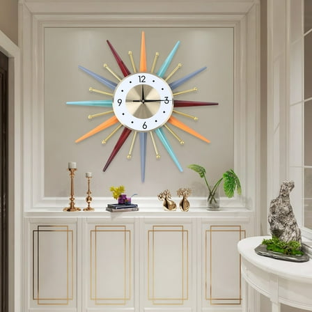 56CM Vintage Sunburst Wall Clock Colorful 3D Hollow Metal Large Wall Clock Decor