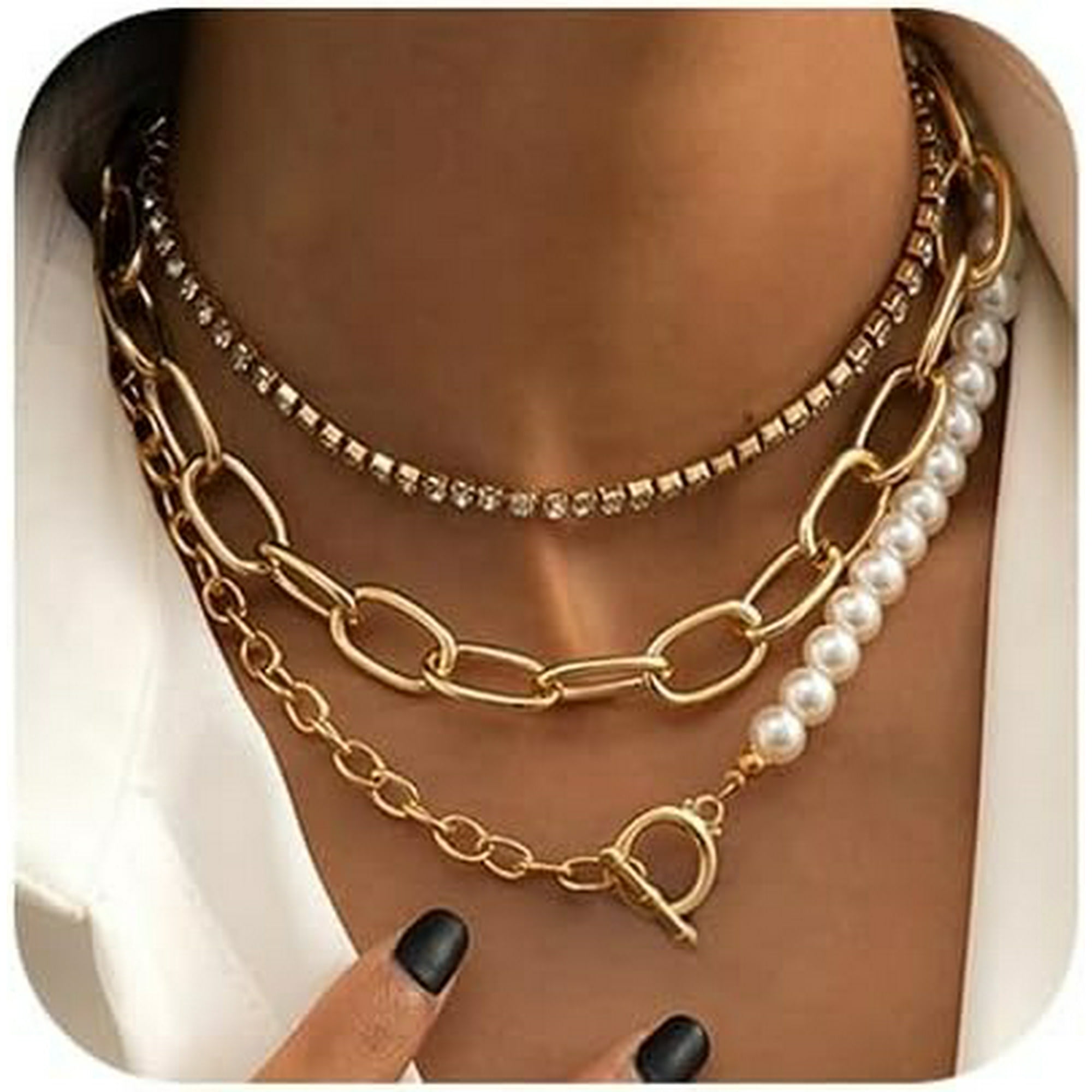 Women Multilayer Silver Gold Layered Choker Necklaces Handmade Beads Fashion Chunky Pendant Multilayer Adjustable Layering
