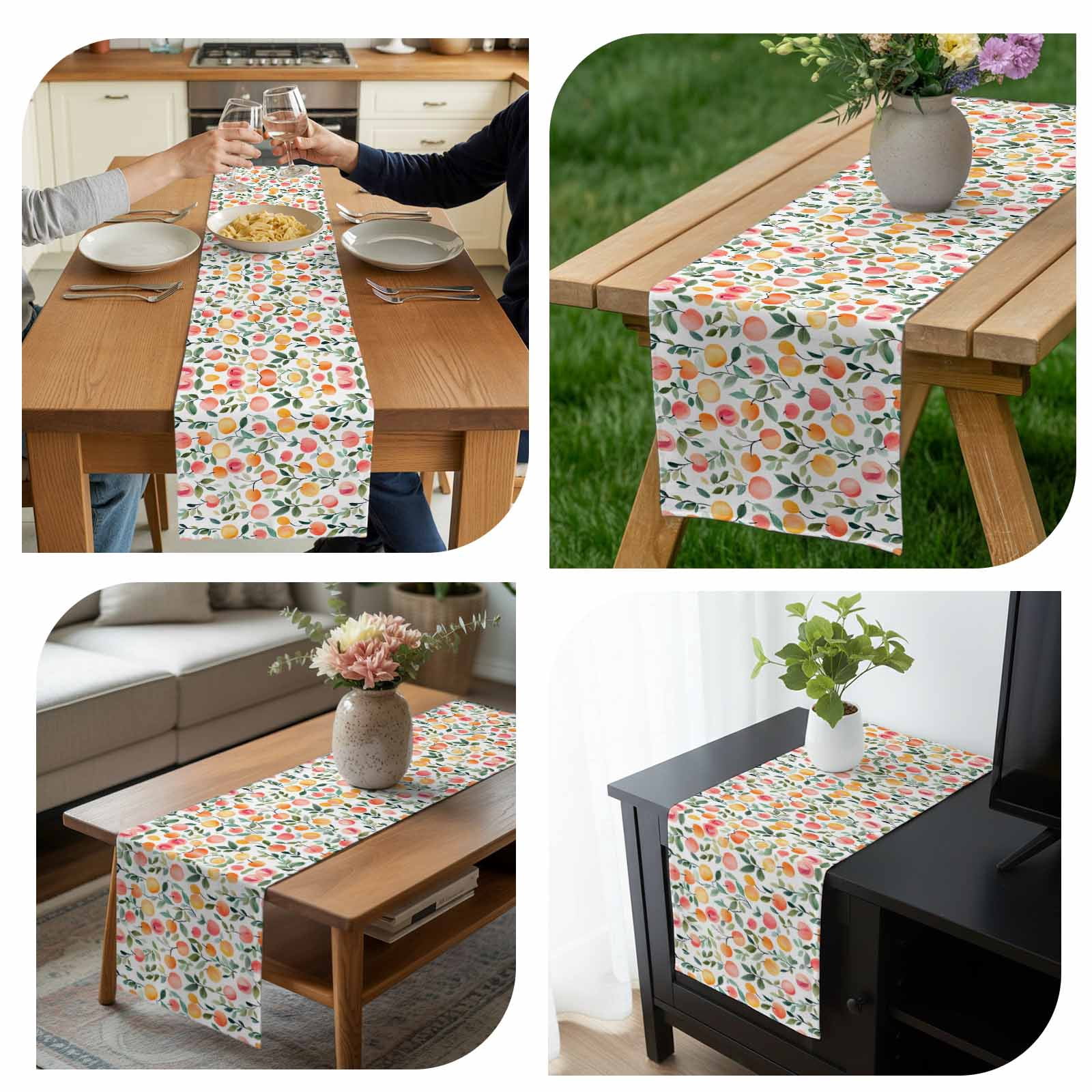 Pink Peach Cotton Linen Table Runner Country Style Spring Fruit Green Leaf Dining Table Runners for Home Decor Party Dining Room Restaurant Kitchen 13" x 90"