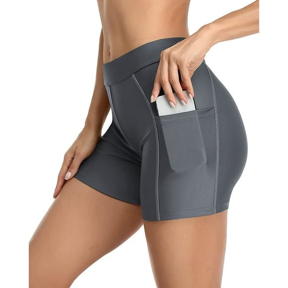 Charmo Women Swim Shorts with Pockets Solid Board Shorts Boyleg Swim Bottoms