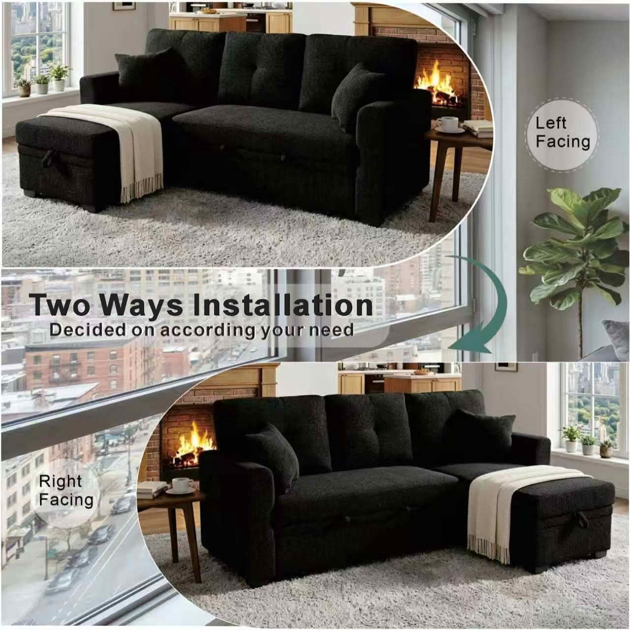 MAYEERTY L‑Shaped Sleeper Sectional Sofa, Convertible Pull‑Out Bed with Reversible Storage Chaise, Dark Gray Breathable Polyester Fabric for Small Living Spaces