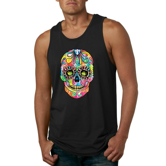 Wild Bobby Dean Russo Colorful Sugar Skull Streetwear Men Graphic Tank Top, Black, Small