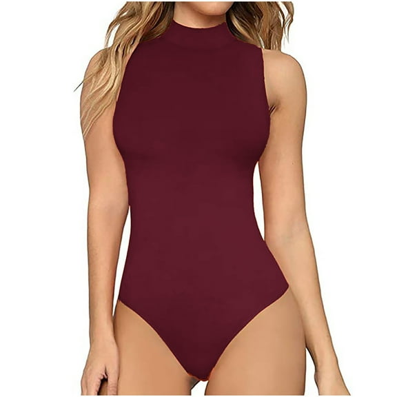 QUYUON Womens Bodysuit Tops Women's Mock Turtle Neck Sleeveless Tank Tops Bodysuit Leotard Clothing Ladies Body Suits Thong Jumpsuit Fashion Rompers T Shirt Bodysuit Jumpsuit , Style 797 Wine M