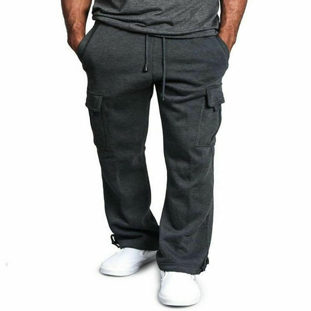 Mens Jogger Gym Heavy Weight Fleece Cargo Pocket Sweat Pants Drawstring Trousers