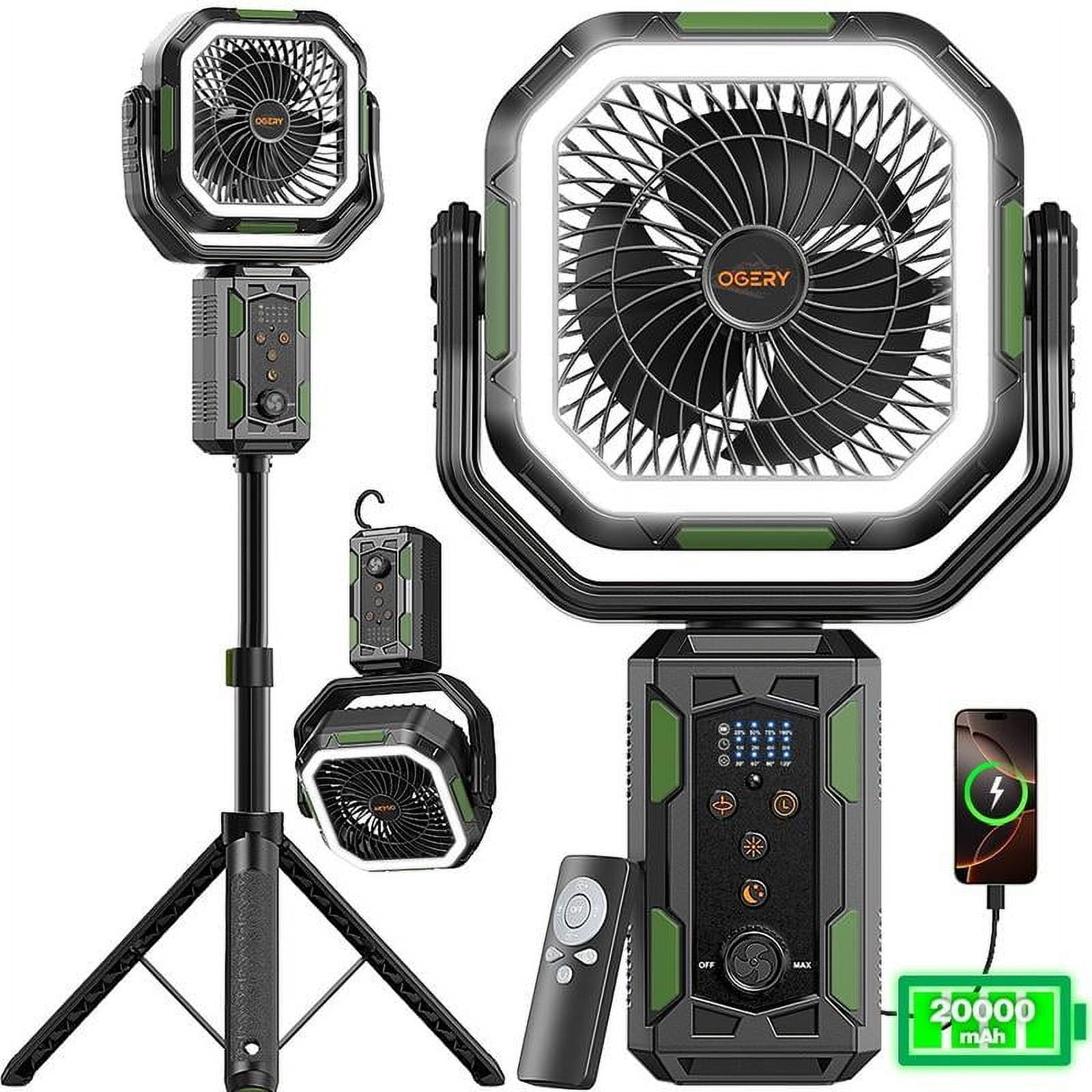 Camping Fan with Detachable Tripod,20000mAh Rechargeable Fan with LED Lights & 270° Pivot,4 in 1 Cordless Camping Fan,Remote Control Shaking Head Desk Fan for Camping Tent Travel Bedroom Portable