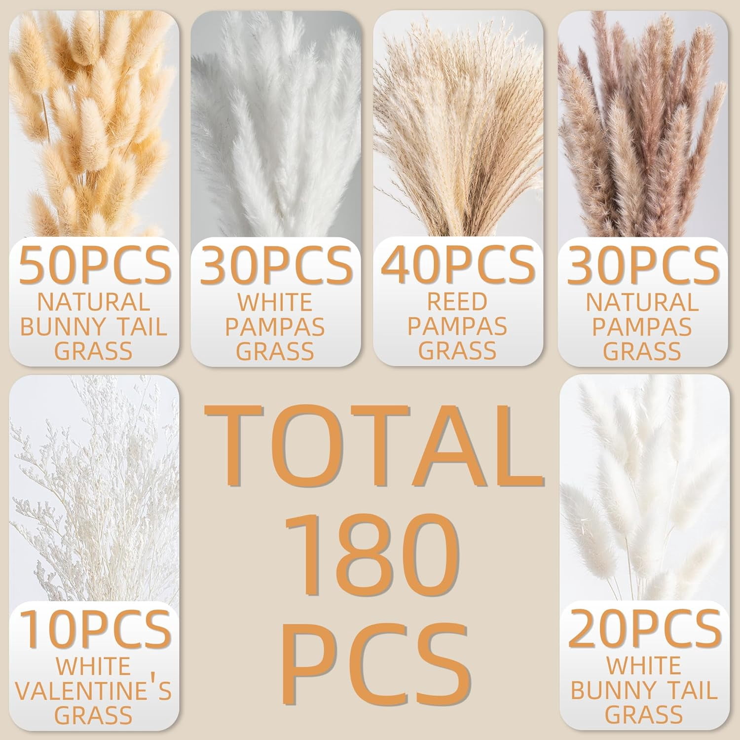 180PCS Natural Pampas Grass 8-Kind Mixed Bouquet | Dried Pampas Bouquet for Wedding, Boho Flowers, Home Table & Desk Decor, Rustic Farmhouse Decor
