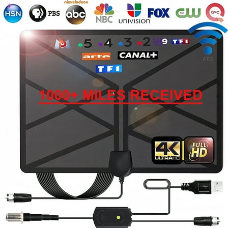 TV Antenna Indoor Long Range 1000 Miles, Supports 4K 1080p Smart TV Signal Reception with Signal Amplifier 16.4ft HDTV Coax Cable