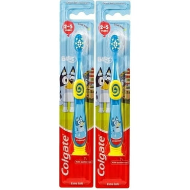Colgate Bluey Toothbrush for Children with Suction Cup, Kids 2-5 Years Old, Extra Soft (Colors & Characters Vary) - 2 Count