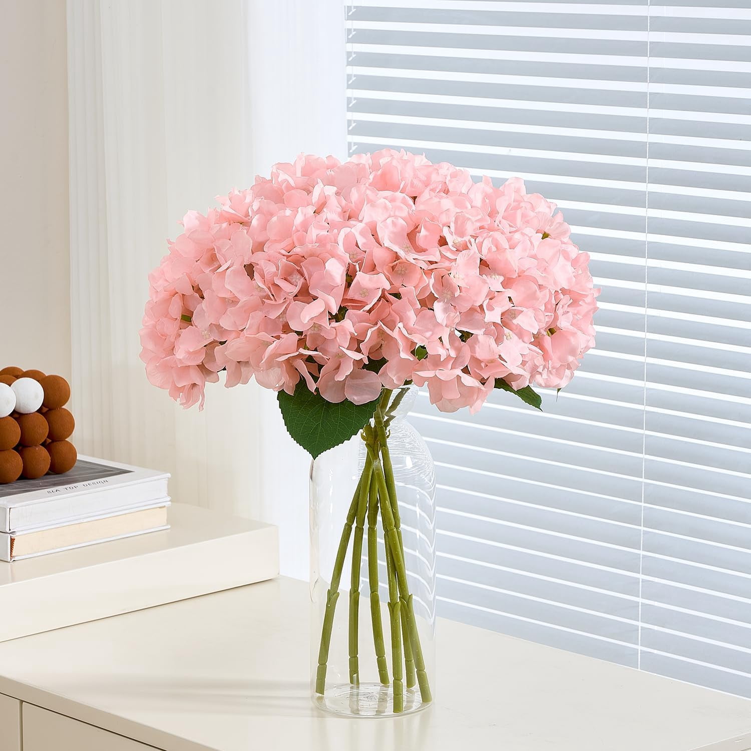 8Pcs Blush Fake Flowers Silk Hydrangea Artificial Flowers Bouquets Faux Hydrangea Stems for Home Table Centerpieces Wedding Party Decoration