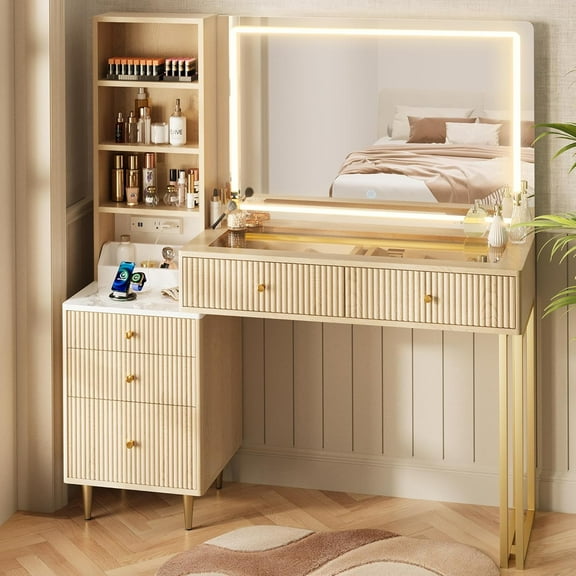 44” Fluted Vanity Desk with 32” Lighted Mirror & Power Outlet, Makeup Vanity with Glass Top, 3 Adjustable Light Colors, Curved Design, 5 Drawers, Modern Dressing Table Set for Bedroom (Oak)