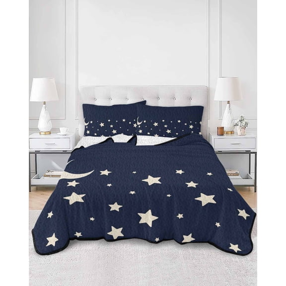 Quilts Twin Size, Modern Soft Comforter Bedding Set for Bed, Japanese Style Minimalist Moon Stars Blue Lightweight Quilted Bedspread with Pillow Cover(2 Pieces) for All Season, 68x86 Inch