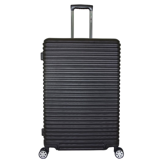 maleta rigida alabama peak tour 29" negro, vista frontal centrada de maleta rígida negra de 29" (71x49x30 cm) con superficie de líneas horizontales, asa telescópica de aluminio extendida con botón automático, 8 ruedas spinner de 360°, asas superior y lateral, cierre principal con candado de combinación y organizadores internos con correas elásticas; ideal para transportar ropa y equipo de viaje compacto.