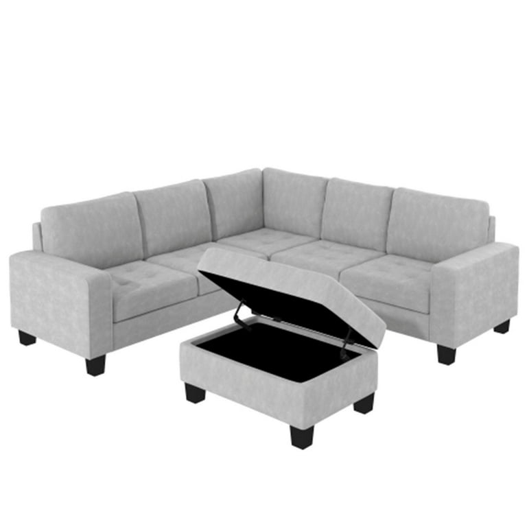 EMKK L-Shaped Sectional Sofa With Storage Ottoman & Cup Holders - Reversible Cushion, Wide Convertible Sleeper