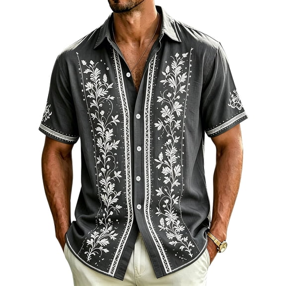 Havenx Mens Short Sleeve Shirts Button Down Collared Shirts Floral Print Top Vacation Casual Stylish Summer Beach Wear,Dark Gray XL