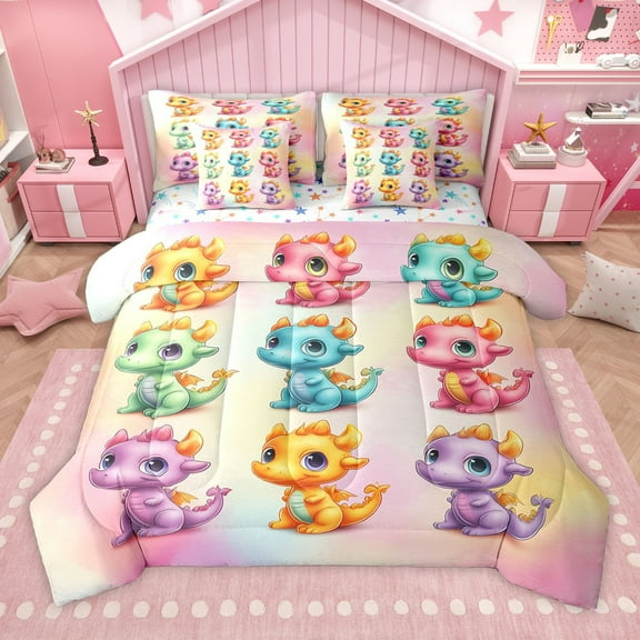 Manfei Cute Dragon 7-Piece Twin Bedding Sets for Teens Kids Children,Kawaii Animal Bedding Comforter Set,Abstract Gradient Breathable Sheet Sets,Breathable Home Decor,Reversible