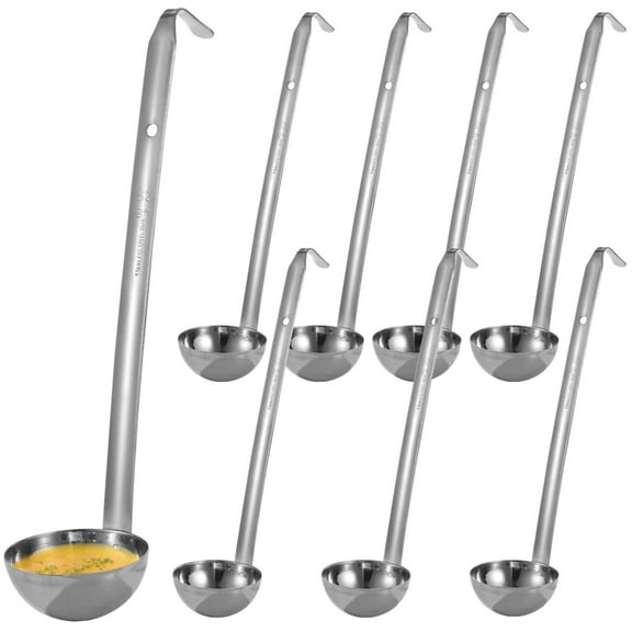 8 Pcs Soup Ladles, 2 oz Stainless Steel Ladles with Long Handles, Sturdy Ladles with Hooks for Serving Soup, Precise Measurement, Anti-slip Design for Kitchen, Hotel, and Catering Use