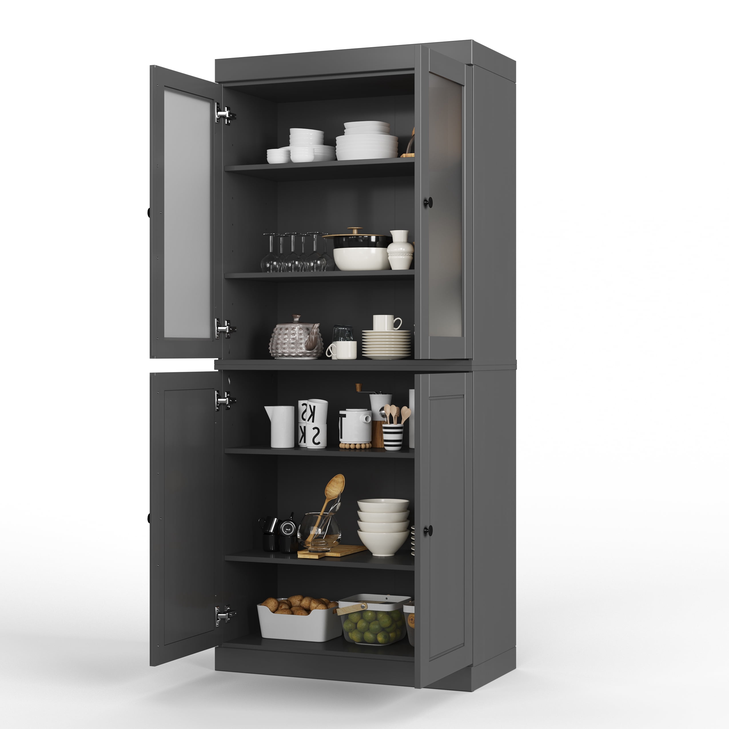 Palace Imports 100% Solid Wood 32" Pantry Cabinet with Solid, Frosted Glass Doors and Adjustable Shelves, Gray