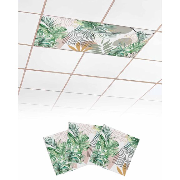 Fluorescent Light Covers for Ceiling Lights 3 Pack, Boho Summer Botanical Magnetic Ceiling Light Covers 2x4ft for Classroom Office School, Palm Leaves Geometric Abstract Art Drop Ceiling Light Shade