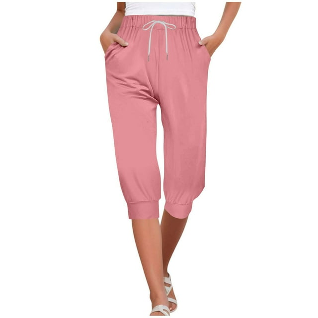 Timegard Womens Pants Capris Ruched Elastic Waist Comfy Casual Loose Workout Crop Trousers with Pockets