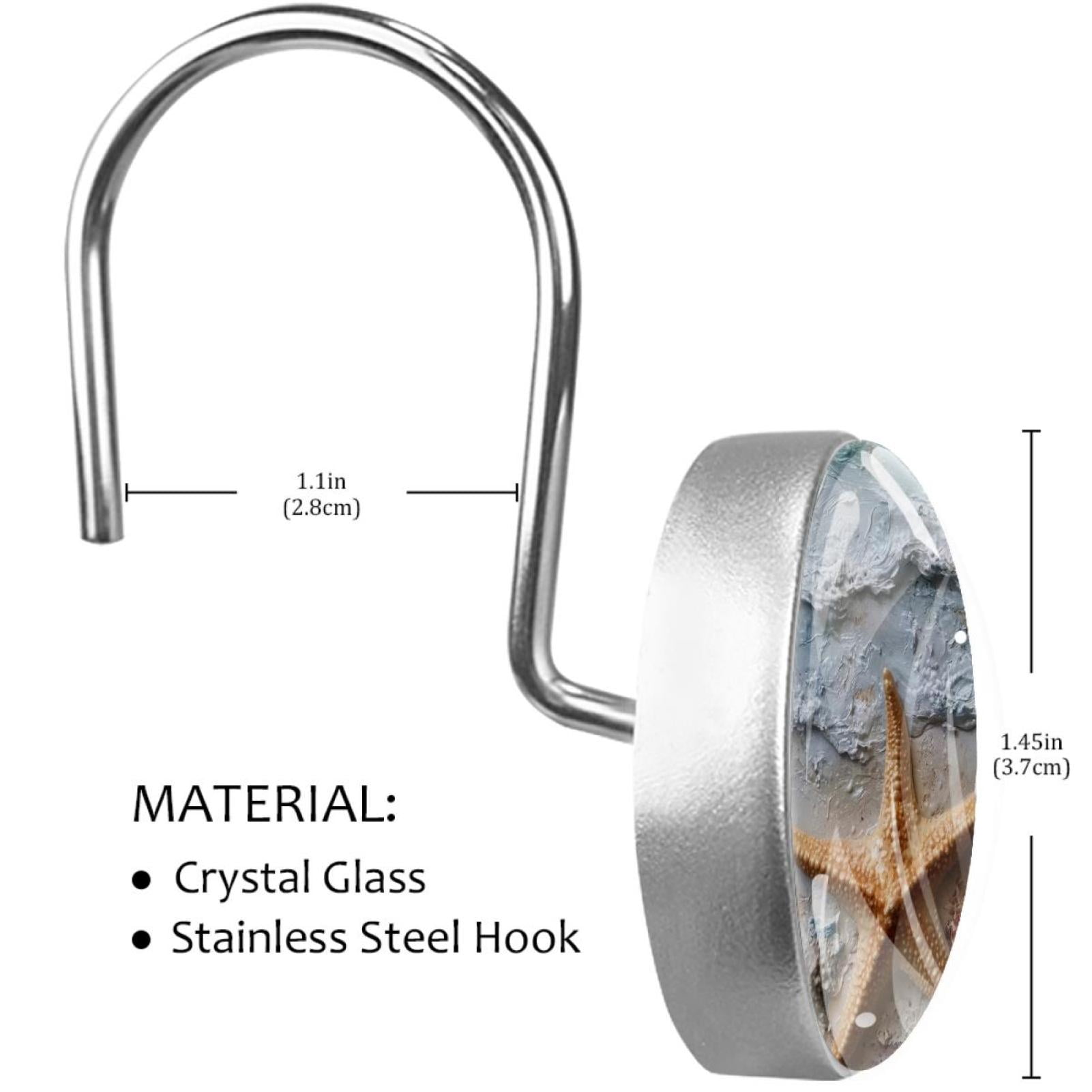 Sea Starfish Shells Painting Shower Curtain Hooks Round Crystal Glass, Set of 12 Shower Curtain Rings - Shower Hooks for Curtain Shower Rings