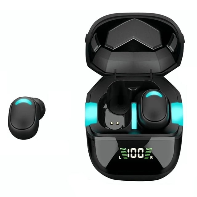 fralugio audifonos bluetooth manos libres g7s pro gaming true wireless fralugio sport Auriculares true wireless negros con estuche de carga abierto en vista frontal; dos earbuds en el estuche y uno separado a la izquierda, acentos LED turquesa en cada auricular, pantalla LED digital en el frente del estuche que muestra porcentaje de batería y pines metálicos de carga; incluye decodificación dual y reducción de ruido inteligente según especificaciones; a menudo usados para llevar auriculares compactos durante viajes.