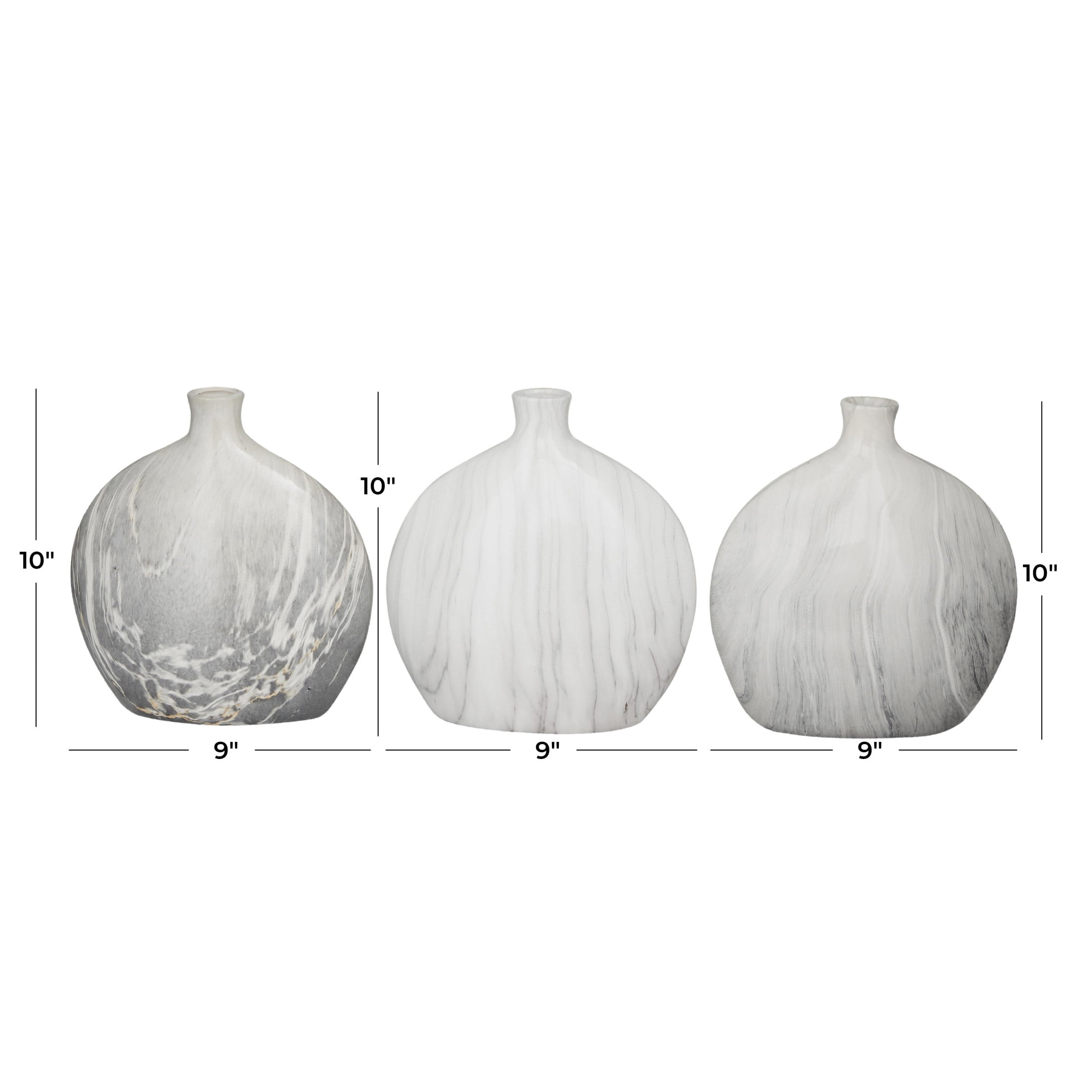 DecMode 9"W, 10"H Faux Marble Gray Ceramic Vase, Set of 3