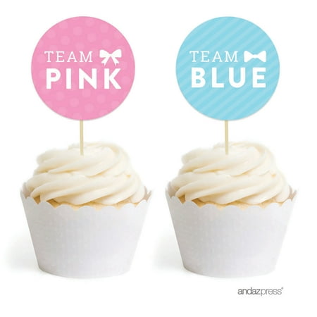 Team Pink/Blue Gender Reveal Baby Shower Cupcake Toppers DIY Kit,