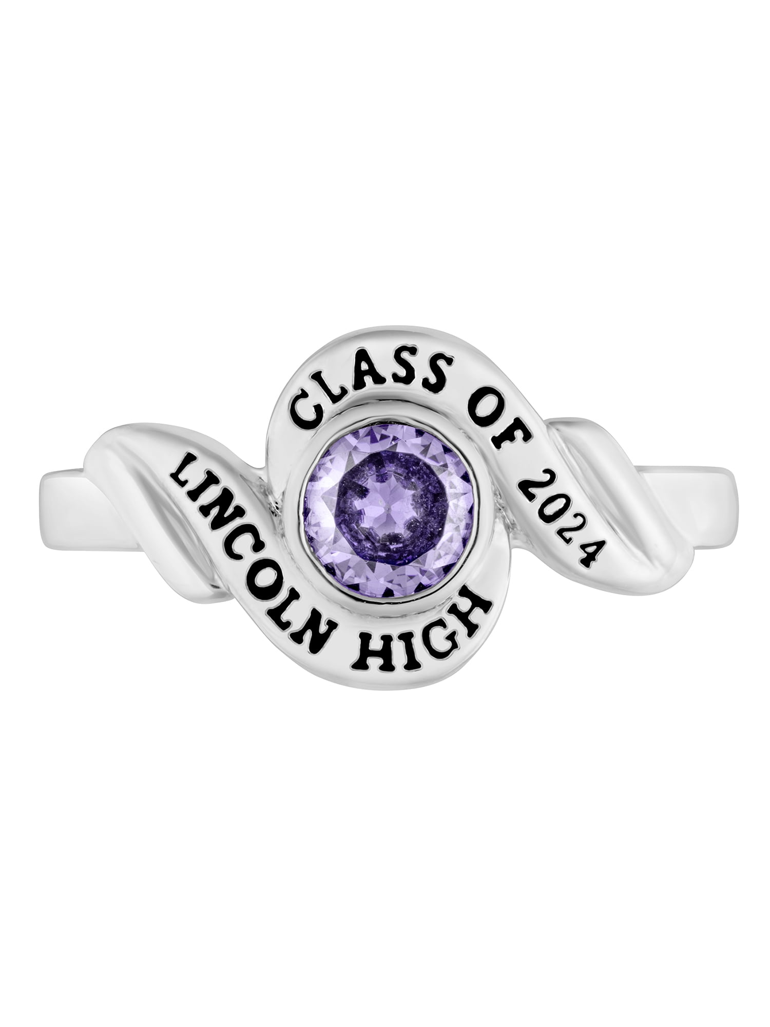 Order Now for 2025 Graduation, Freestyle Women's Platinum Plated Swirl Bypass Round Birthstone Class Ring, Personalized, High School or College Graduation