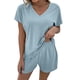 thumbnail image 1 of Conjunto de salón para mujer Conjunto de manga corta de 2 piezas Cuello en V Cintura elástica Trajes casuales de punto para el hogar Azul claro XXL, 1 of 3