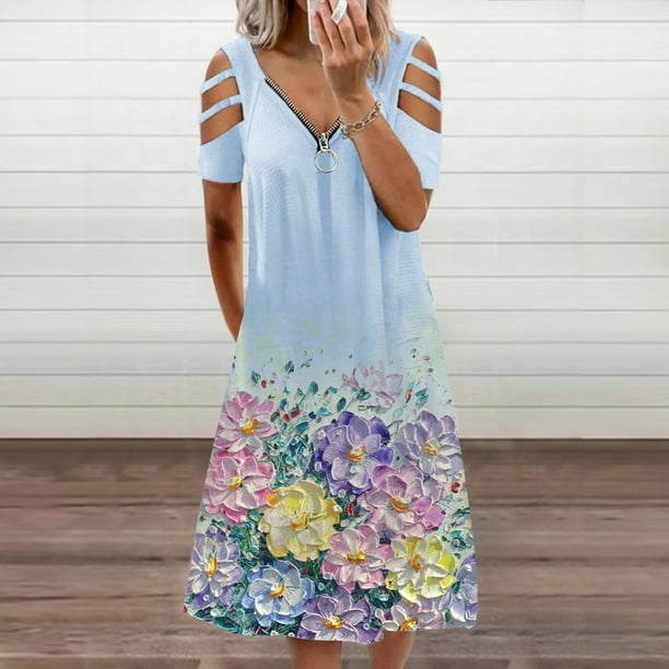 Kentiuttd Women S Summer Casual Short Sleeve Longuette Zipper V Neck Gradual Dress Hollow Out Elegant Long Skirt One Piece Dress Walmart Com Walmart Com