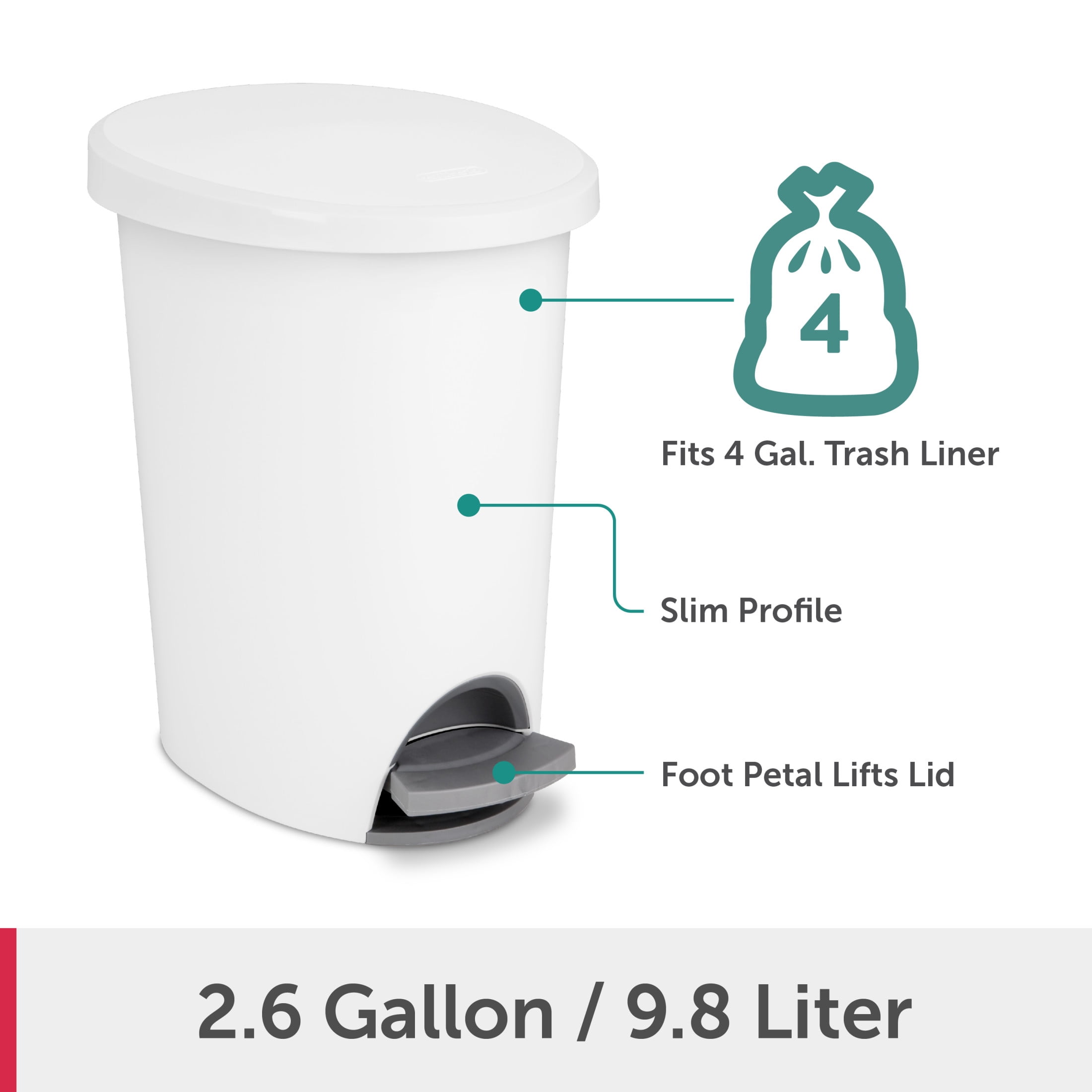 Sterilite Small Bathroom Trash Can, 2.6 Gallon Plastic Garbage Bucket Bin with Step Lid, White