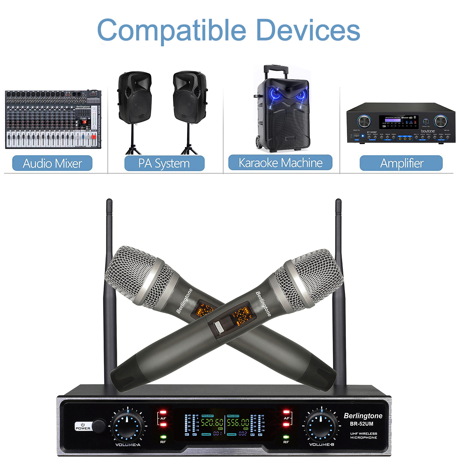 Berlingtone BR-52UM Professional Dual Dynamic Handheld UHF Wireless Microphone System, Metal Microphone and Base, for Singing, Karaoke, Church, Wedding, meeting, up to 260ft Range