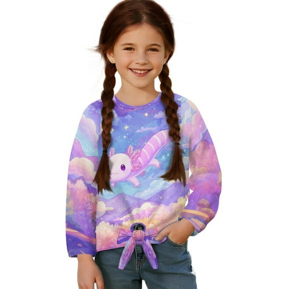 Xoenoiee Axolotl Cloud Star Print Girls Long Sleeve Shirts Tie Hem Fall T-Shirt Round Neck Tops Blouse Pullover Tunic Outfits Fall Clothes, 5-6 Year
