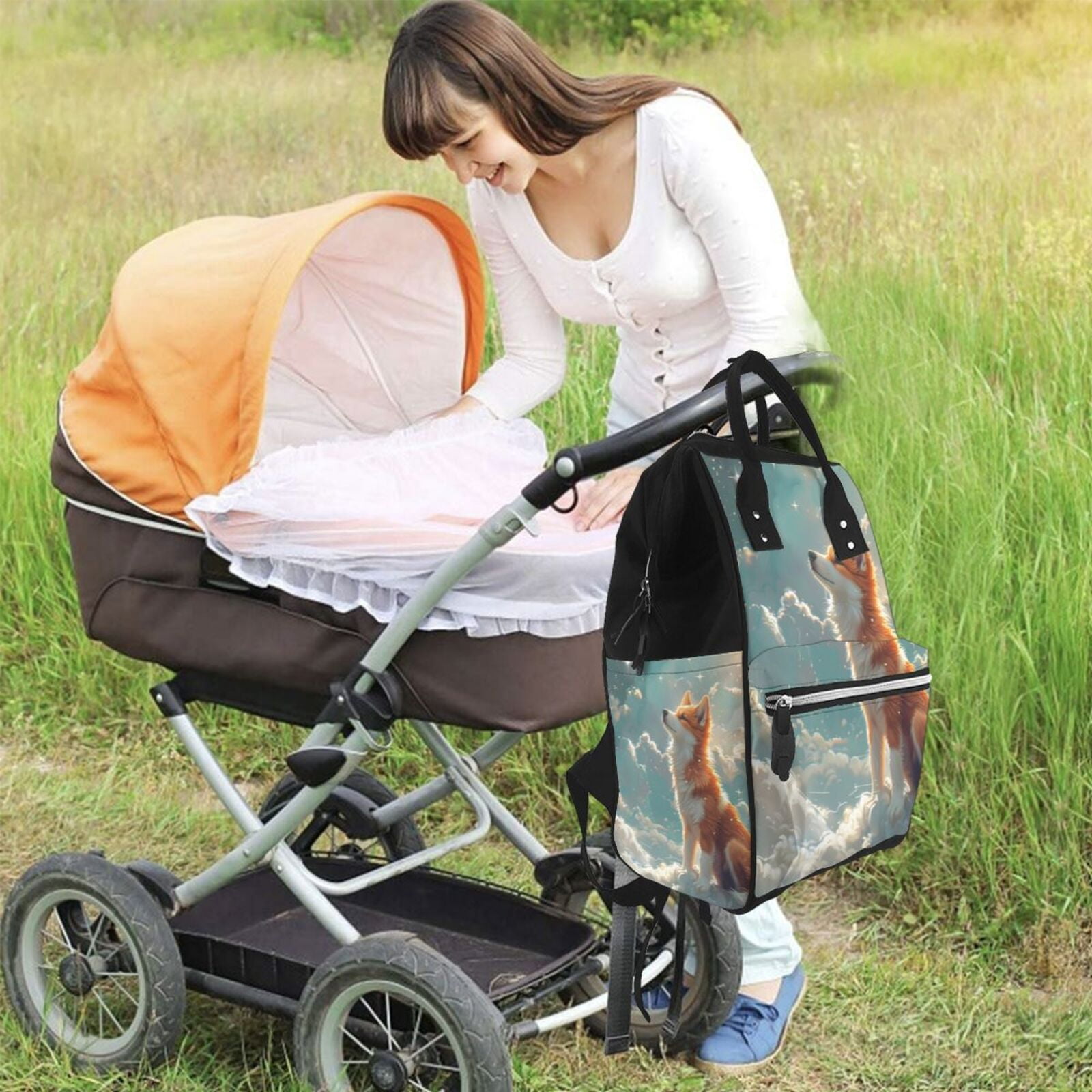 Fuzoiu Starry Sky Cloud Fox Print Diaper Bag Backpack,Baby Essentials Travel Tote,Multi function Waterproof Diaper Bag, Travel Essentials Baby Bag - Unisex