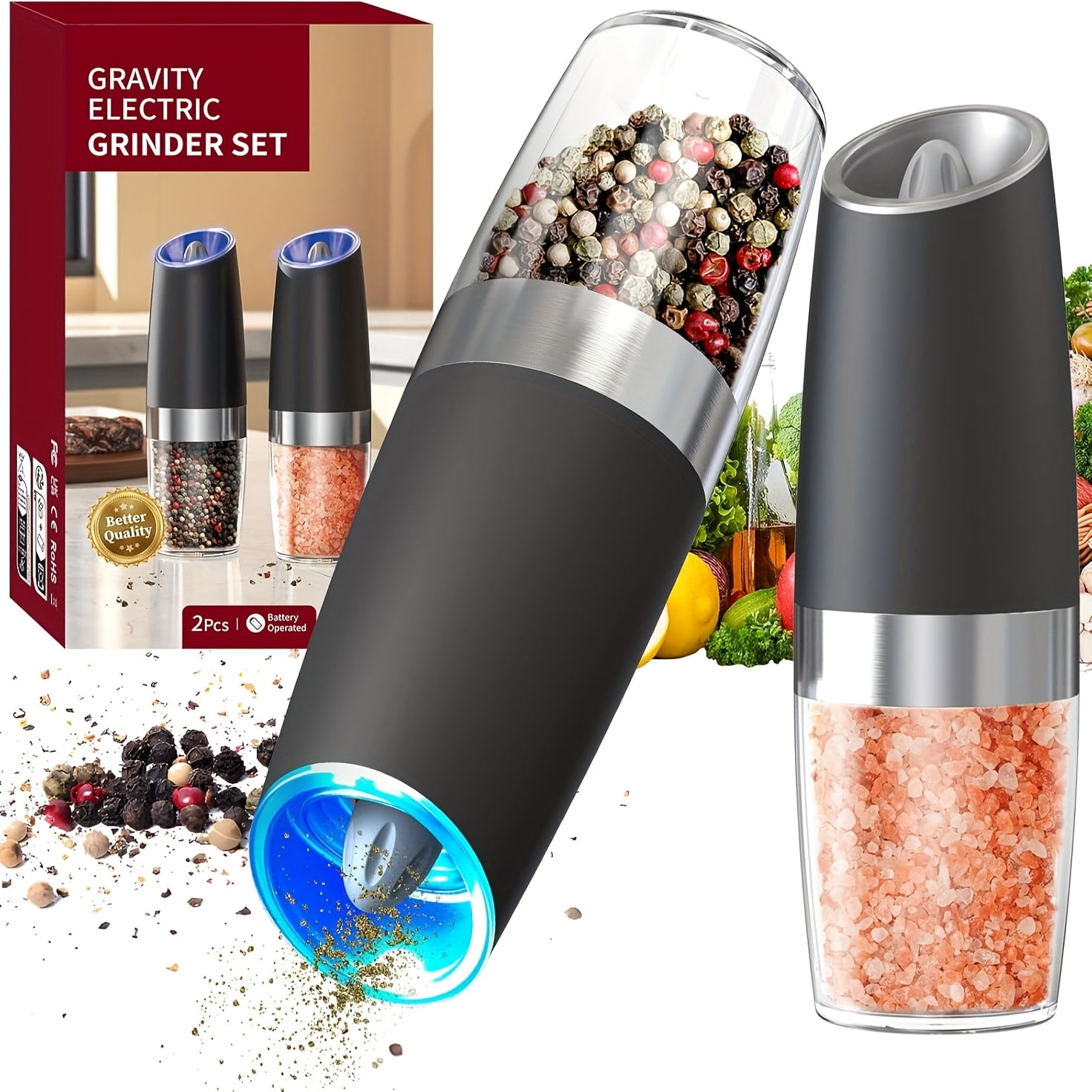 Electric Salt And Pepper Grinder Set, 3.72oz Larger Automatic Salt And Pepper Mill Grinder with 6 Adjustable Coarseness, Electric Salt And Pepper Shakers, LED, 1/2 Packs, Black