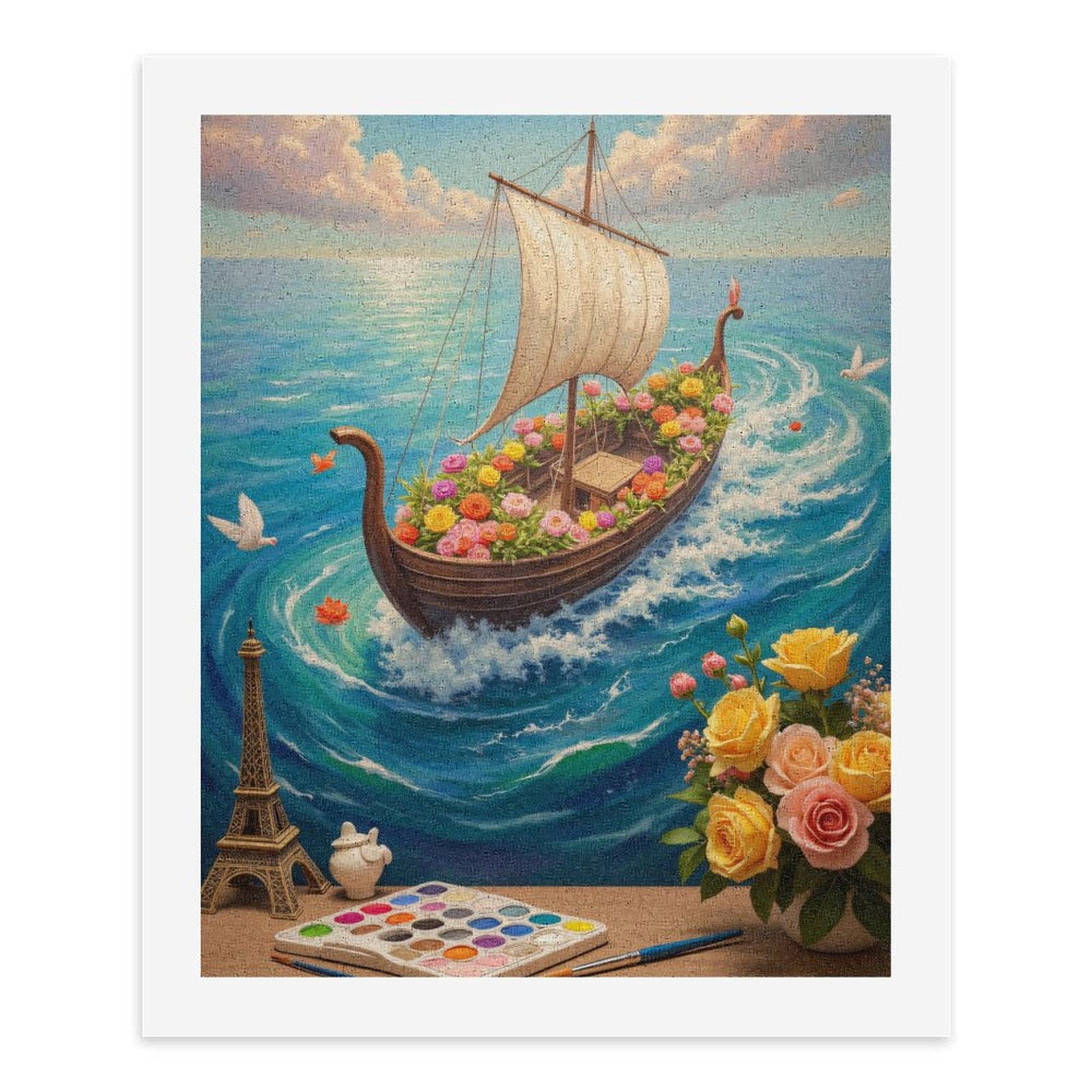Paint By Numbers Kit for Adults Beginner - Sailboat Flowers Art Palette Waves DIY Canvas Painting Kits for Adults, Frameless Paint By Number for Adults for Home Wall Decor 16x20 Inch