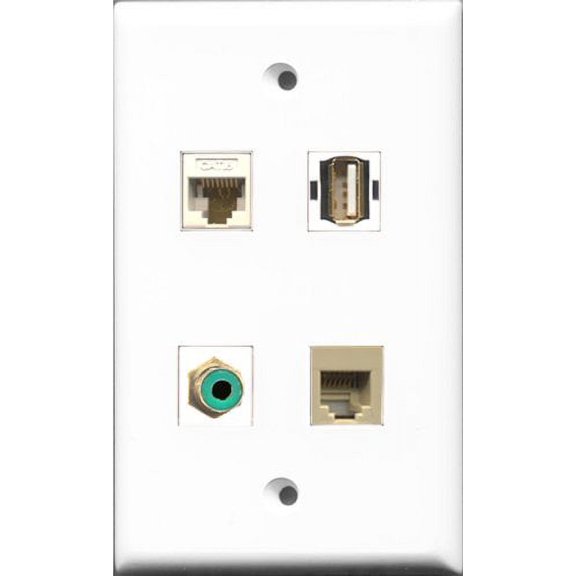 RiteAV 1 Port RCA Green and 1 Port USB A-A and 1 Port Phone RJ11 RJ12 Beige and 1 Port Cat6 Ethernet White Wall Plate