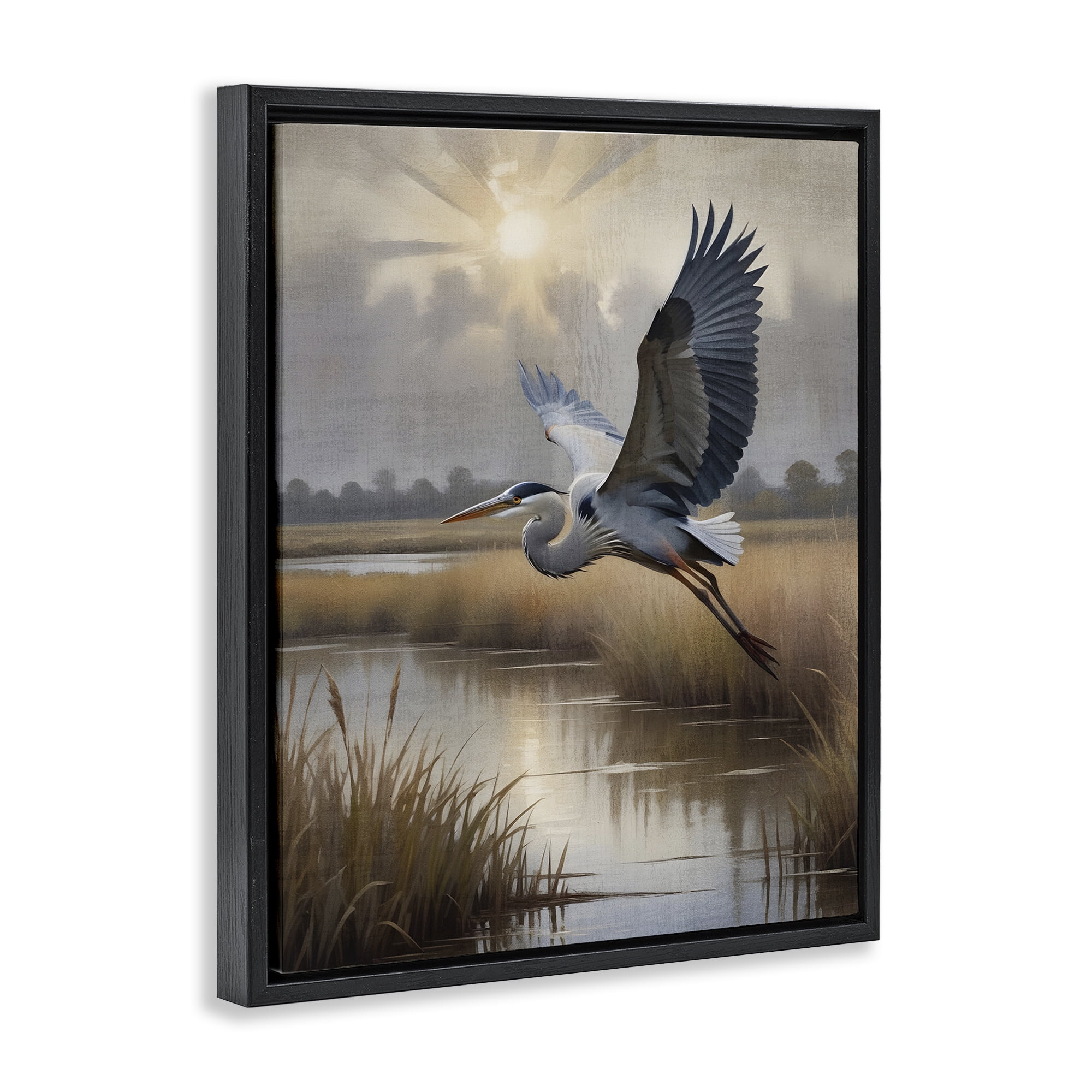Stupell Industries Heron Flight over Wetlands Black Framed Floater Canvas Wall Art, design by Susan Arnot