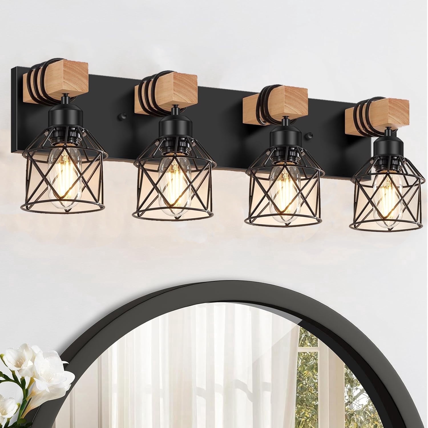 4-Light Farmhouse Wood Bathroom Vanity Lights over Mirror with Metal Cage Lampshade Rustic Bathroom Light Fixtures for Mirror, Living Room, Bedroom, Hallway