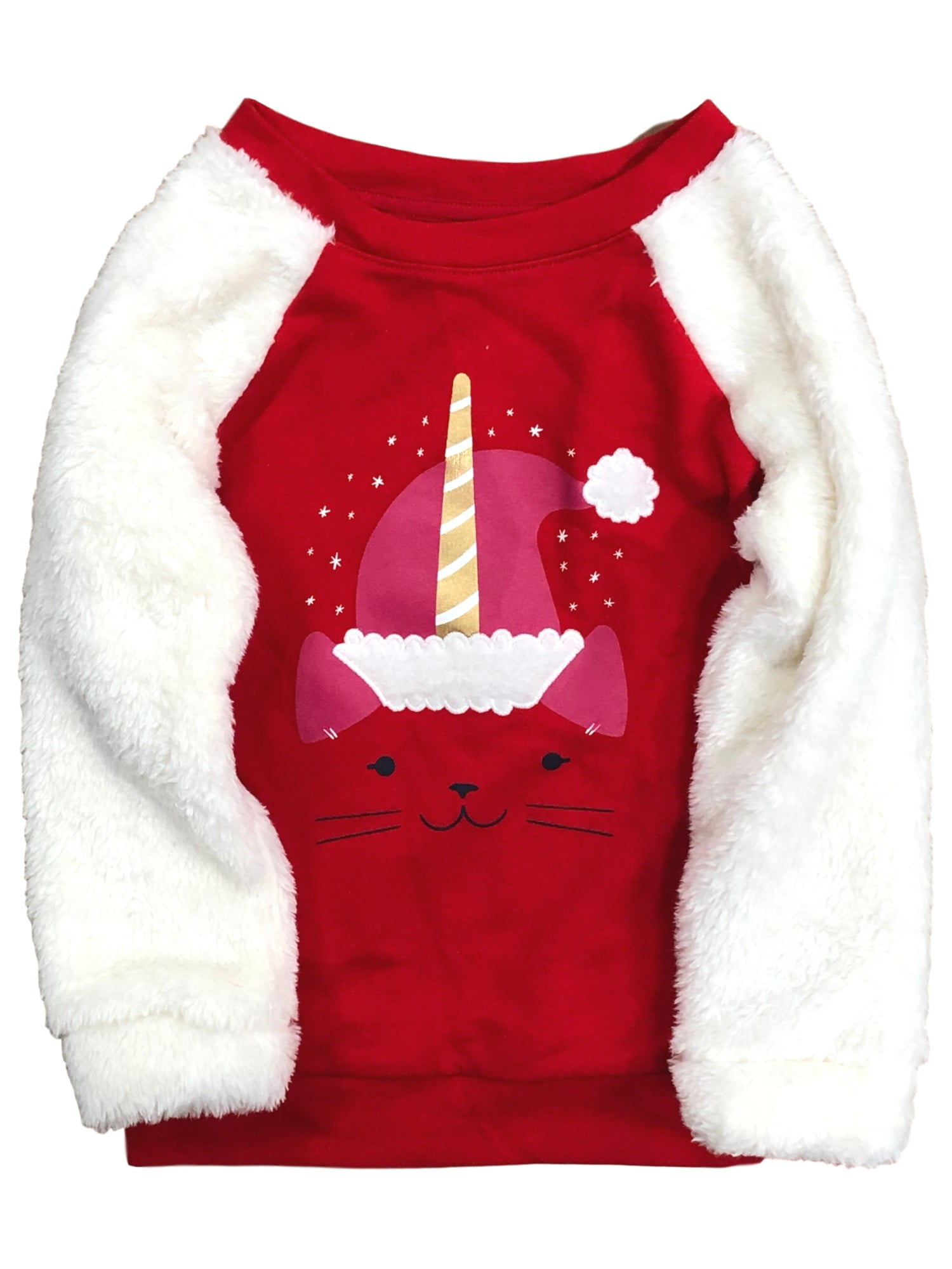 Cat & Jack Girls Fuzzy Red & Unicorn Kitty Cat Holiday Sweatshirt