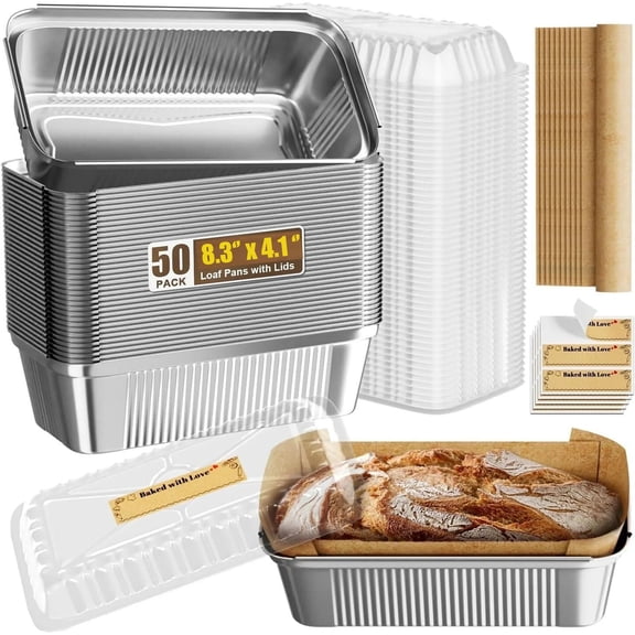 50Pack Aluminum Foil Pans with Lids, Disposable Tin Foil Bread Pans for Baking, Heavy Duty Loaf Pans, Baking Cakes,Camping,8.3" X 4.1" X 2.2”