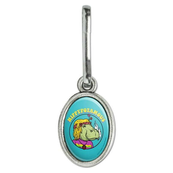 Hippypotamous Hippy Hippo Funny Humor Antiqued Oval Charm Clothes Purse Suitcase Backpack Zipper Pull Aid