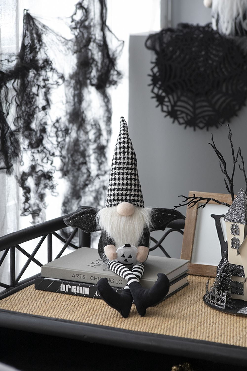 Set of 2 Halloween Gnome Decorations 23.5IN Polyester Fabric Sitting Gnome with Jack-O-Lantern for Indoor Tabletop Shelf Display