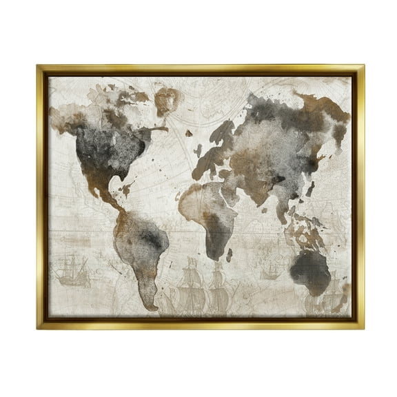 Stupell Industries Vintage Rustic World Map Town & City Painting Gold Floater Framed Art Print Wall Art