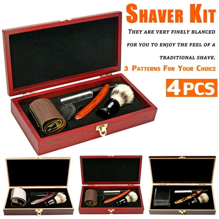 LuckyFine 3 In 1 440 Steel Shaver Kit Straight Razor Bristles Shaving Brush Leather Strop Wood Box Gift